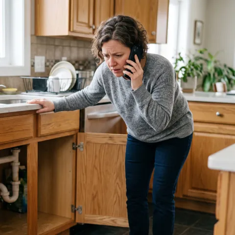 A homeowner on the phone looking at water leaking from under her kitchen sink