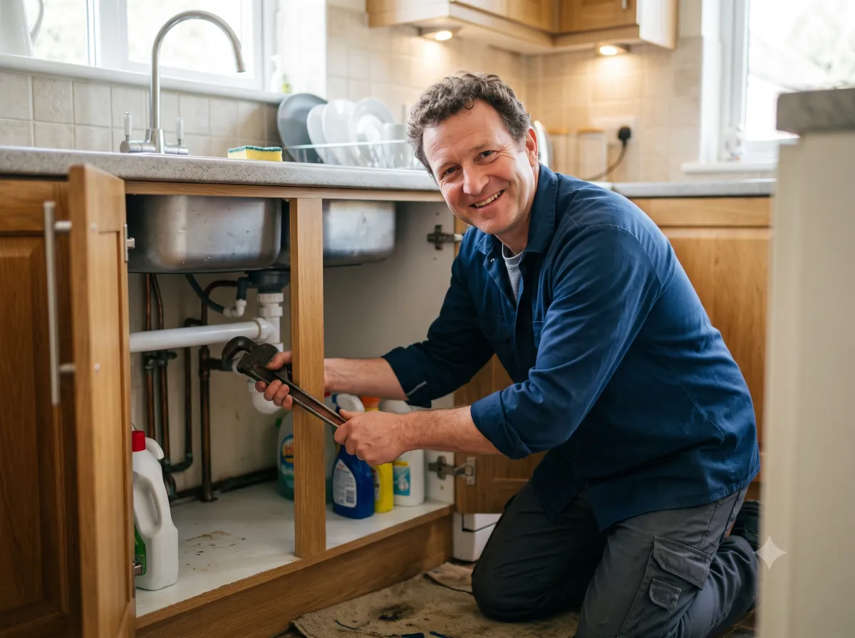 A plumber kneeling at an open kitchen sink cabinet with a pipe wrench