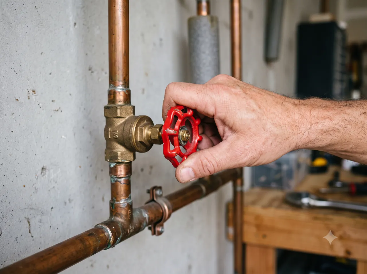 A hand turning the red handle of a main water shutoff valve on a copper pipe